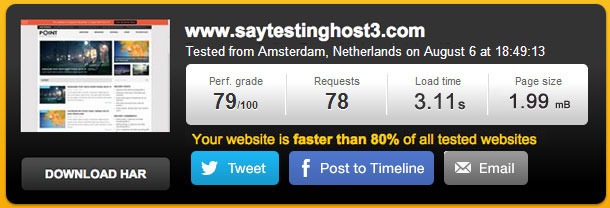 Page load speed test result of site hosted at Hostgator